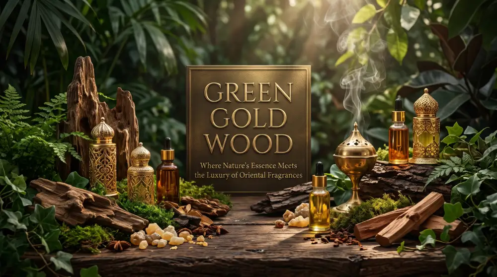 GREEN GOLD WOOD fragrance still life with oud, incense, and aromatic oils